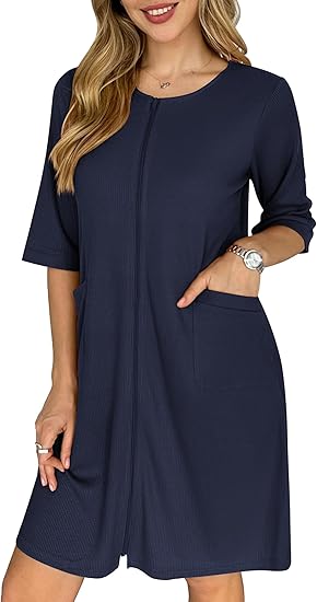 Ekouaer Zip Up Robes for Women Short Waffle Bathrobe Lightweight Knee Length Housecoat with Pockets Nightgown