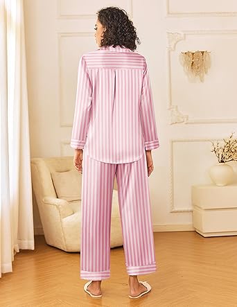 Ekouaer Womens Silk Satin Pajama Sets 2 Piece Sleepwear Pjs Set Long Sleeve Button Down Top and Pants Stripe Loungewear