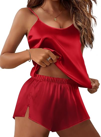 Ekouaer Silk Pajamas Set for Women Satin Lingerie Pjs Cami Top and Shorts Soft 2 Piece Nightwear