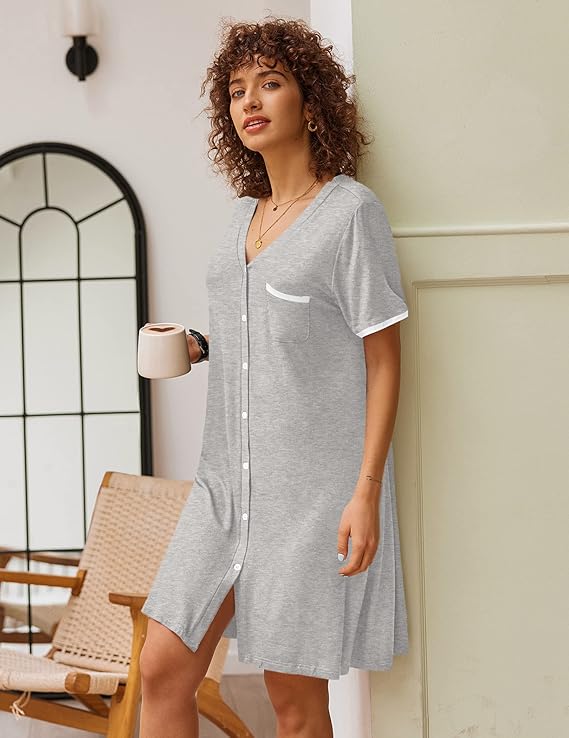 Ekouaer Nightgowns for Women Button Down Pajamas Tops Short Sleeve Sleepwear V-Neck Sleepwear