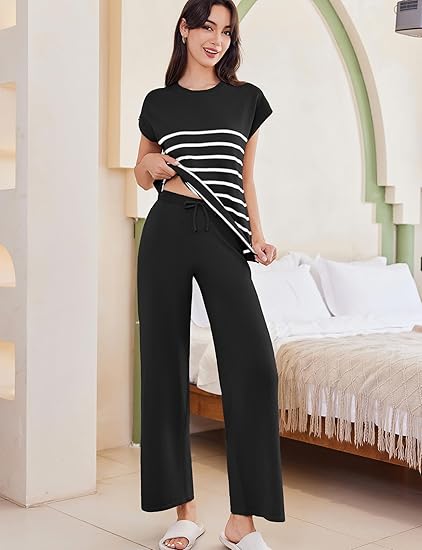 Ekouaer Striped Lounge Set 2 Piece Sweater Matching Outfits Travel Knit Clothing Sets for Women