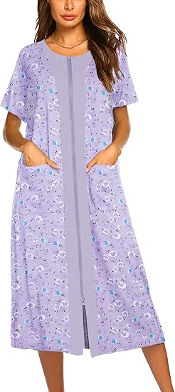 Ekouaer Robes For Women Zipper Front Bathrobe Short Sleeve House Coat Long Nightgown With Pockets Soft Loungewear