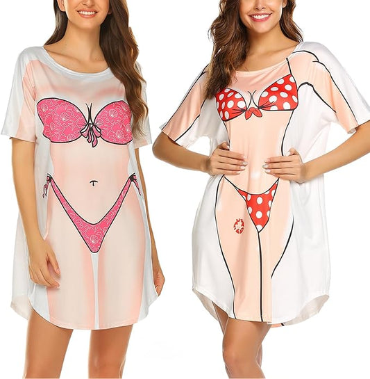 Ekouaer Womens Bikini Shirt Cover Up Short Sleeve Funny Bikini Print Cover-Up 2 Pack Cute Baggy Shirt Dress Rosa+Rojo M