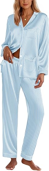 Ekouaer Silk Pajamas for Women Classic Button Down Satin Pajama Sets Long Sleeve Lounge Set