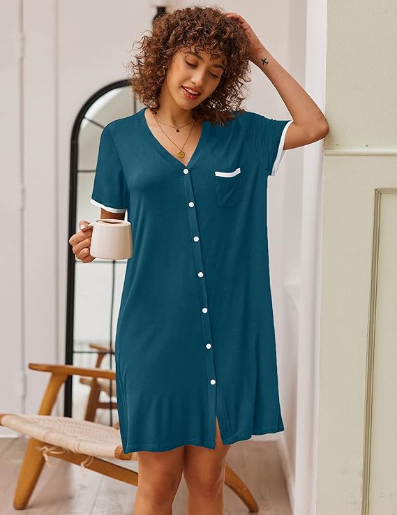 Ekouaer Nightgowns for Women Button Down Pajamas Tops Short Sleeve Sleepwear V-Neck Sleepwear