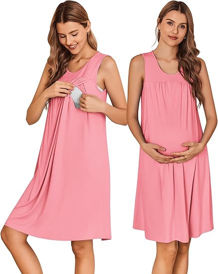 Ekouaer Maternity Nursing Dress Nightgown Labor and Delivery Gown Sleeveless Pregnancy Breastfeeding Dresses