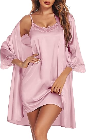 Ekouaer Sleepwear Women's Satin Nightgown with Robes Set 2 Piece Lace Cami Nightwear