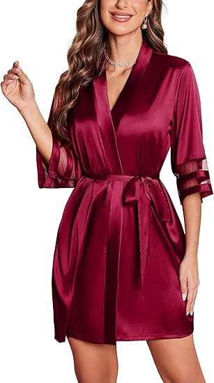 Ekouaer Women's Satin Robe Silk Bathrobe Bridesmaid Wedding Bridal Party Robes 3/4 Bell Sleeve Sleepwear
