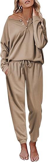 Ekouaer Pajamas Women's Waffle Knit Sleepwear Long Sleeve Top with Pants Casual Pjs Loungewear