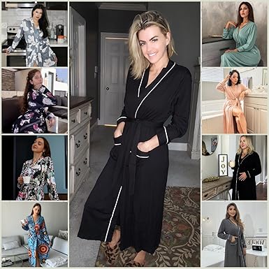 Ekouaer Women Robes Full Length Knit Bathrobe Lightweight Soft Sleepwear V-neck Casual Ladies Loungewear