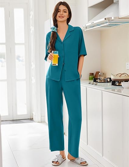 Ekouaer Women Pajamas Set Button Down Sleepwear Short Sleeve Pjs Soft Comfy Nightwear with Long Pants