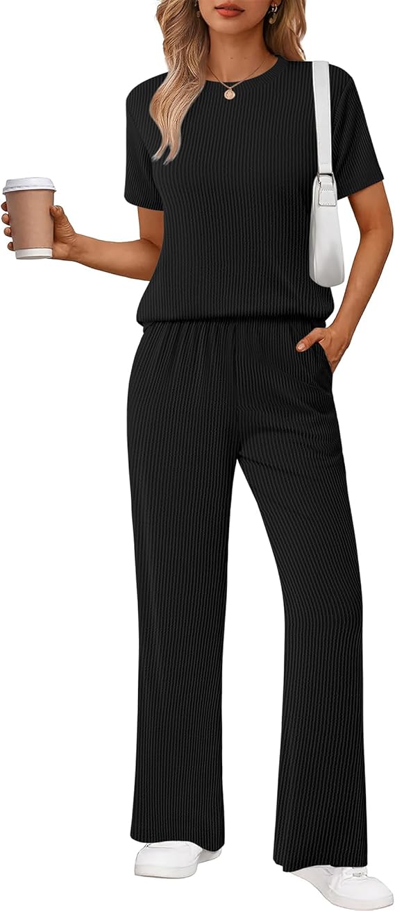 Ekouaer Lounge Sets for Women 2 Piece Matching Travel Outfits 2026 Loose Short Sleeve Top Wide Leg Pants Pockets
