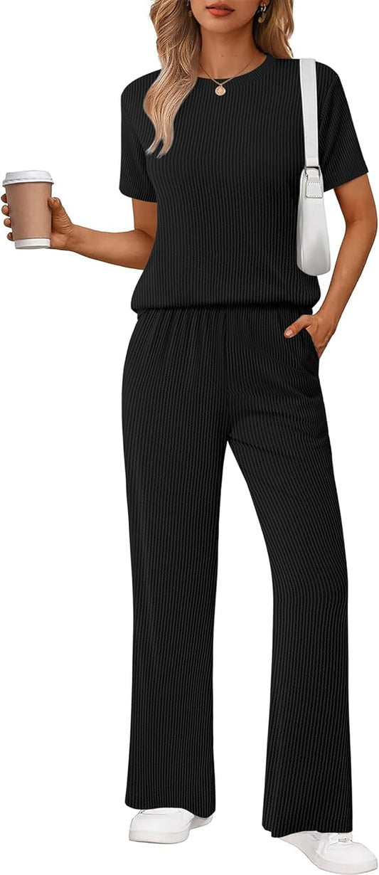 Ekouaer Lounge Sets for Women 2 Piece Matching Travel Outfits 2026 Loose Short Sleeve Top Wide Leg Pants Pockets