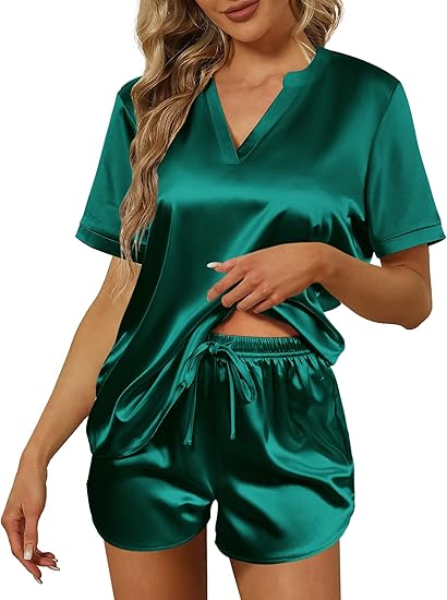 Ekouaer Silk Pajamas for Women Short Sleeve Satin Sleepwear Two-piece Pjs Set Soft V Neck Loungewear