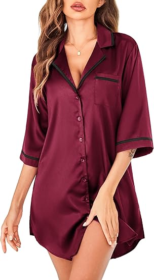 Ekouaer Women's Satin Nightshirt Button Down Nightgown 3/4 Sleeve Sleeptshirt with Pockets V Neck Boyfriend Sleepwear