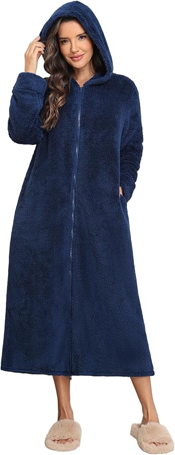 Ekouaer Fleece Robes for Women Hooded Plush Zipper Front Long Bathrobe Warm House Robe Sleepwear with Pockets