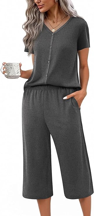 Ekouaer Women's Pajama Sets Short Sleeve Sleepwear Button Up Pj Loungewear Top and Capri Pants with Pockets