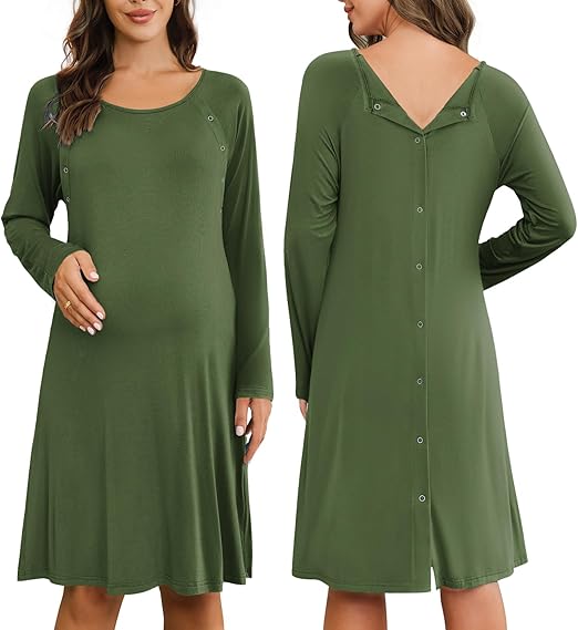 Ekouaer Women Maternity Nightgown Labor Delivery Nursing Gown Hospital Breastfeeding Dress Button Down Long Sleeve Sleepwear