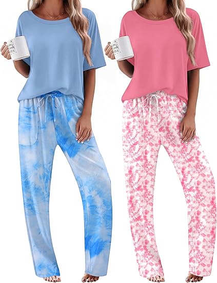 Ekouaer 2 Pack Womens Pajama Sets Short Sleeve Tops and Long Pants Casual Comfy Pjs Lounge Set with Pockets