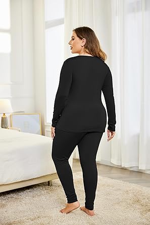 Ekouaer Women Plus Size Thermal Underwear Set Soft Long Johns Sets Light Fleece Lined Base Layer Top & Bottom Pajama Set