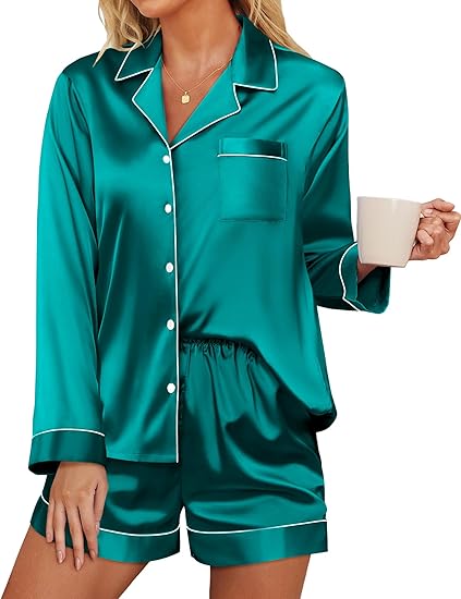 Ekouaer Satin Pajama Set for Women Button Down Pj Set Long Sleeve Top and Shorts 2 Piece Loungewear Summer Soft Sleepwear