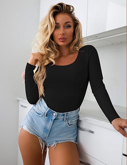 Ekouaer 2 Pack Long Sleeve Shirts for Womens Scoop Neck Tops Slim Fit Undershirts Basic Thermal Tee Shirt