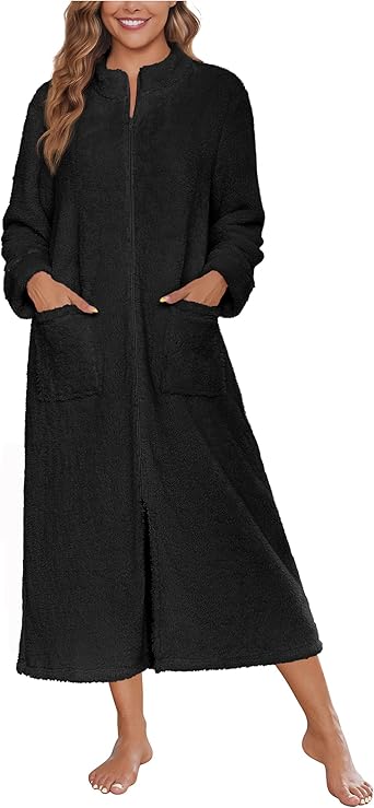 Ekouaer Women Zipper Robe Fleece Long Sleeves Bathrobe Sleepwear Warm Soft Housecoat with Pockets Zip Up House Dresses