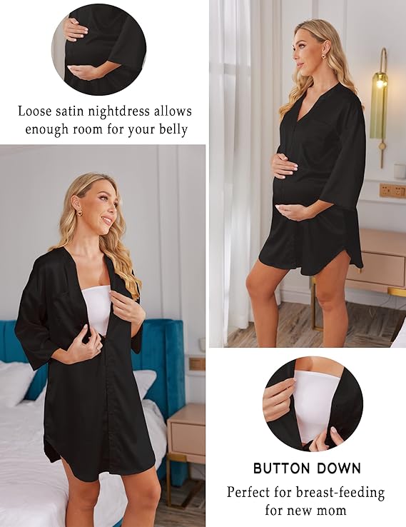 Ekouaer Satin Nightgowns for Women Silk Sleepwear Button Down Sleepshirt 3/4 Sleeve V-Neck Nightshirts with Pockets