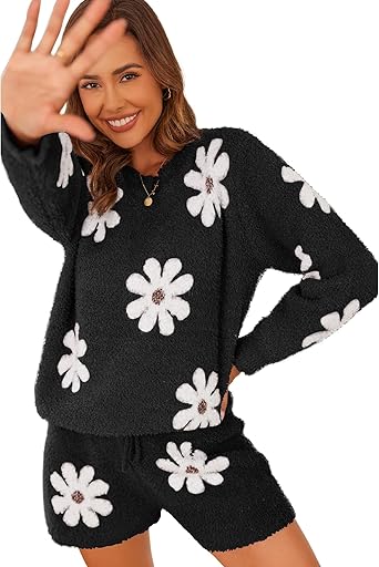 Ekouaer Fuzzy Fleece Pajamas 2 Piece Warm Soft Lounge Set Long Sleeve Sweater Top and Shorts Loungewear Outfits Sweatsuits