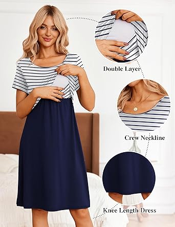 Ekouaer Women's Nursing Dress Summer Short Sleeve Patchwork Maternity Breastfeeding Knee Length Dress