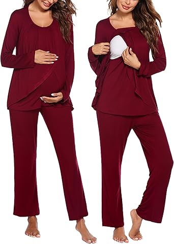 Ekouaer Maternity Nursing Pajama Set Long Sleeve Top & Pants with Pockets Breastfeeding Sleepwear Double Layer Pregnancy