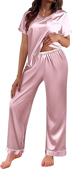 Ekouaer Satin Pajamas for Women Short Sleeve Silk Pajama Sets Soft Sleepwear Top with Causal Long Pj Pant