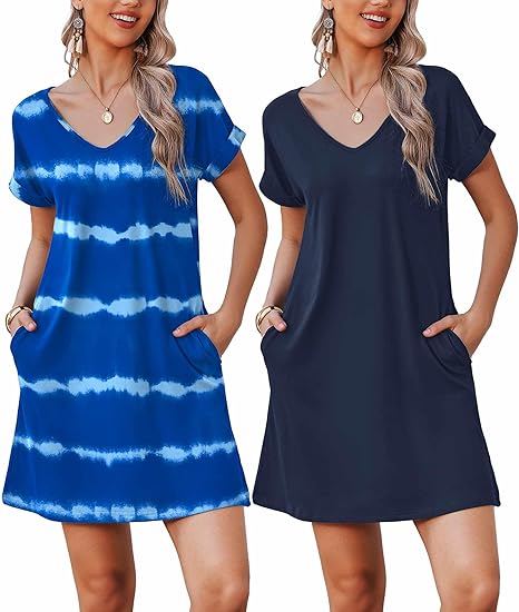 Ekouaer Womens 2 Pack Nightgown V Neck Sleepshirt Short Sleeve Nightshirt Soft Sleep Dress with Pockets