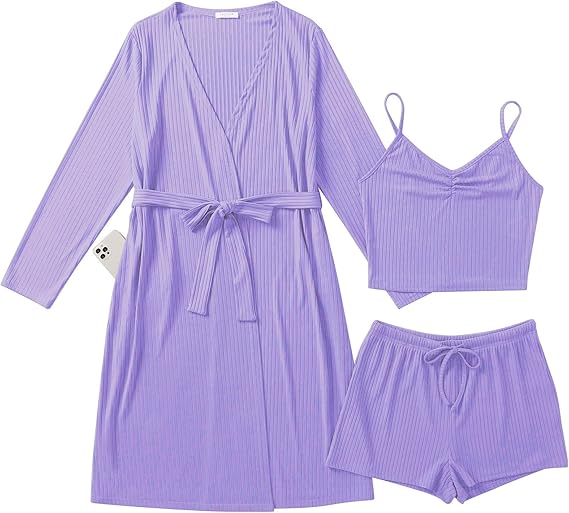 Ekouaer Rib Knit Pajamas Set for Women 3 Piece Lounge Sets Soft Cami and Shorts Pjs with Cardigan Loungewear