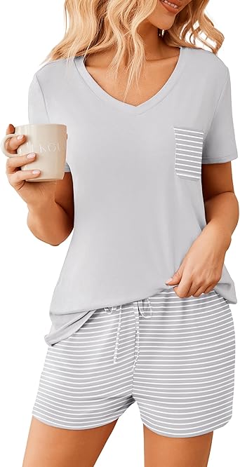 Ekouaer Womens Pajama Sets Short Sleeve Pajamas for Women Sets Soft Lounge Sets Casual V Neck Sleepwear PJS