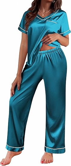 Ekouaer Satin Pajamas for Women Short Sleeve Silk Pajama Sets Soft Sleepwear Top with Causal Long Pj Pant