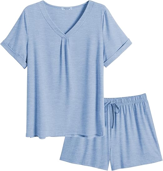 Ekouaer Pajamas Set Women's Short Sleeve 2 Piece PJ Sets V Neck Comfy Sleepwear Loungewear with Pockets