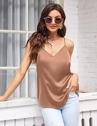 Ekouaer Womens Satin Cami Tops 2 Pack V Neck Silk Camisole Tank Top Spaghetti Strap Racerback Camis Blouse Shirt