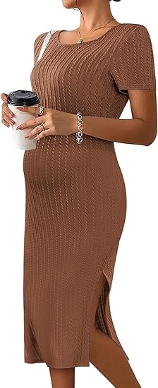 Ekouaer Maternity Dress Rib Knit Short Sleeve Bodycon Dresses Casual Stretchy Pregnancy Clothes