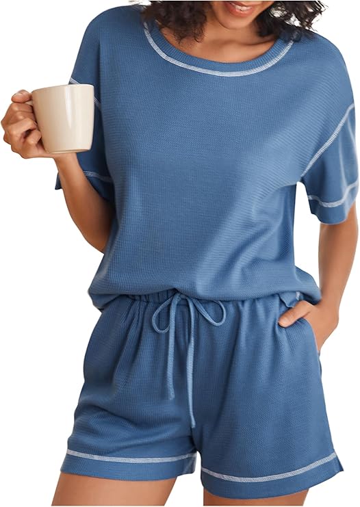 Ekouaer Women's Waffle Knit Two Piece Lounge Set, Soft Matching Outfits for Daily Wear, Casual Shorts Set with Pocket