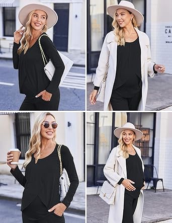 Ekouaer Maternity Nursing Pajama Set Long Sleeve Top & Pants with Pockets Breastfeeding Sleepwear Double Layer Pregnancy