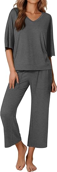 Ekouaer Lounge Sets for Women Comfy Pajamas Set 2 Piece Outfits Short Sleeve Tops and Wide Leg Pants with Large Pockets