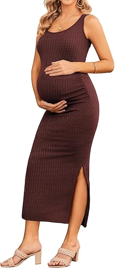 Ekouaer Women Tank Maternity Dress Sleeveless Ribbed Knit Pregnancy Dresses Round Neck Pregnant Loungewear