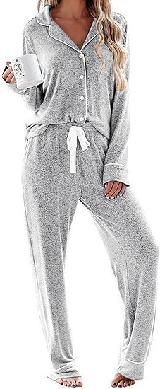 Ekouaer Women's Pajamas Long Sleeve Sleepwear Casual Button Down Loungewear Soft Pjs Set