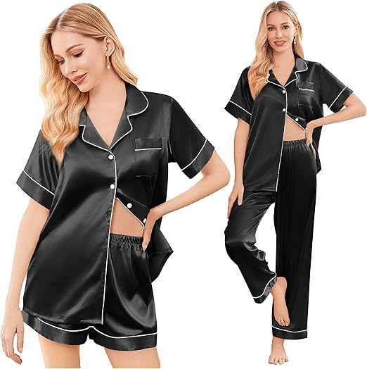 Ekouaer Silk Pajamas for Women Set Satin Pjs Soft Short Sleeve Button Down Sleepwear 3 Piece Loungewear