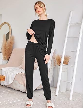 Ekouaer 2 Pack Women's Pajama Set Long Sleeve Top with Jogger Pants Lounge Sets Sleepwear Loungewear with Pockets