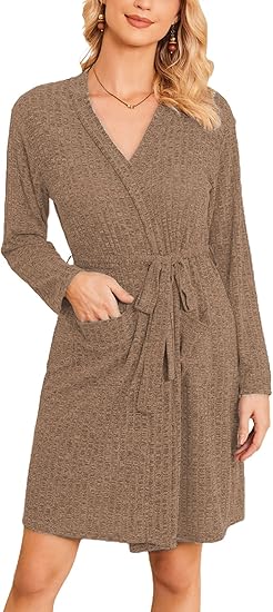 Ekouaer Women Robe Ribbed Knit Soft Bathrobe Knee Length Robes Stretchy Short Sleepwear with Pockets