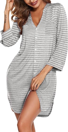 Ekouaer Women's Nightgown V Neck Striped Button Down Sleepwear 3/4 Sleeves Nightshirts Soft Button Sleep Dress