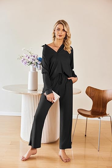 Ekouaer Womens 2 Piece Matching Lounge Sets Fall Outfits 2025 Sweatsuit Waffle Knit Pajamas Sets Long Sleeve Sweater Clothes