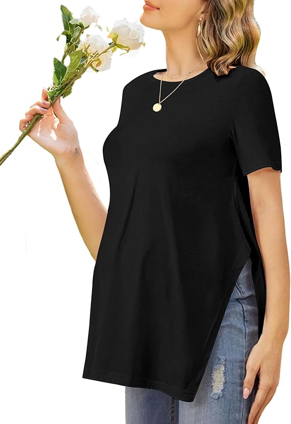 Ekouaer 3 Pack Maternity Shirts Short Sleeve Split Side Pregnancy Tops Casual Pregnant Tunic Blouse